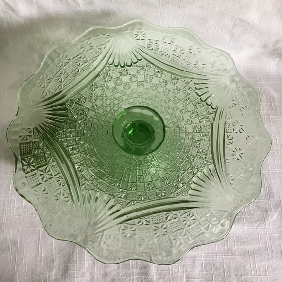 Vintage Green Pressed Glass Cake Stand / Plate - Picture 2 of 6